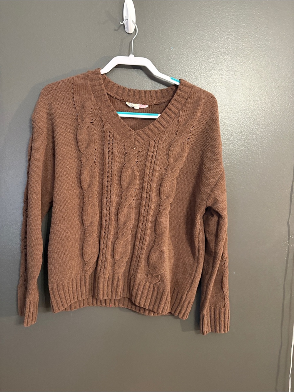 T.J.Maxx Brown Cable Knit V-Neck Sweater